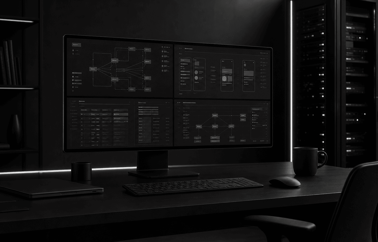 Темное инженерное рабочее место с интерфейсами веб-систем и серверной инфраструктуры